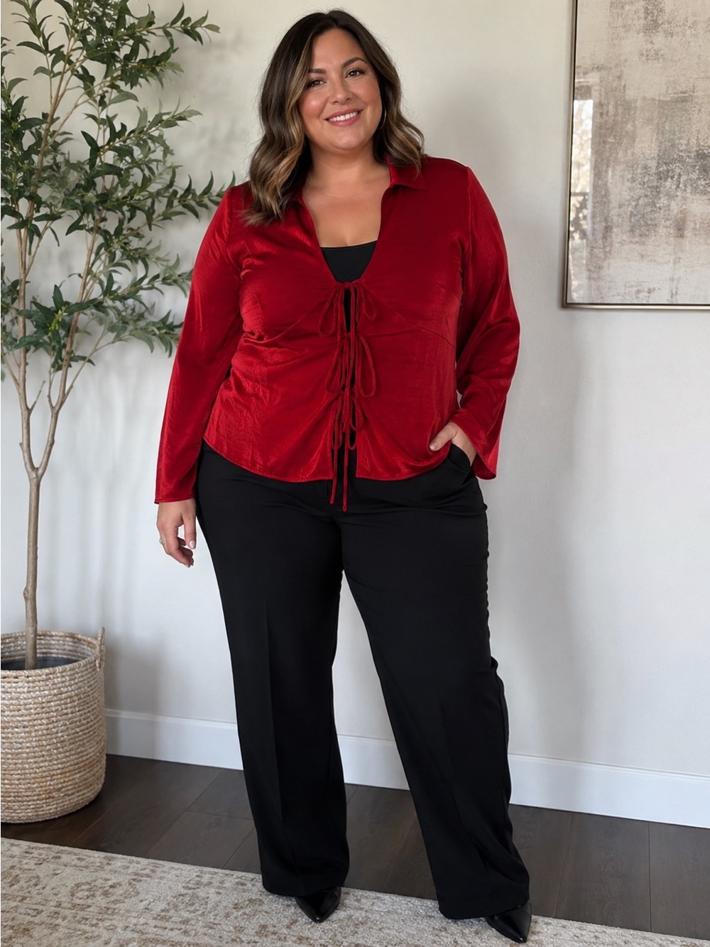 A New Day Red Silky Shirt with Tie Front